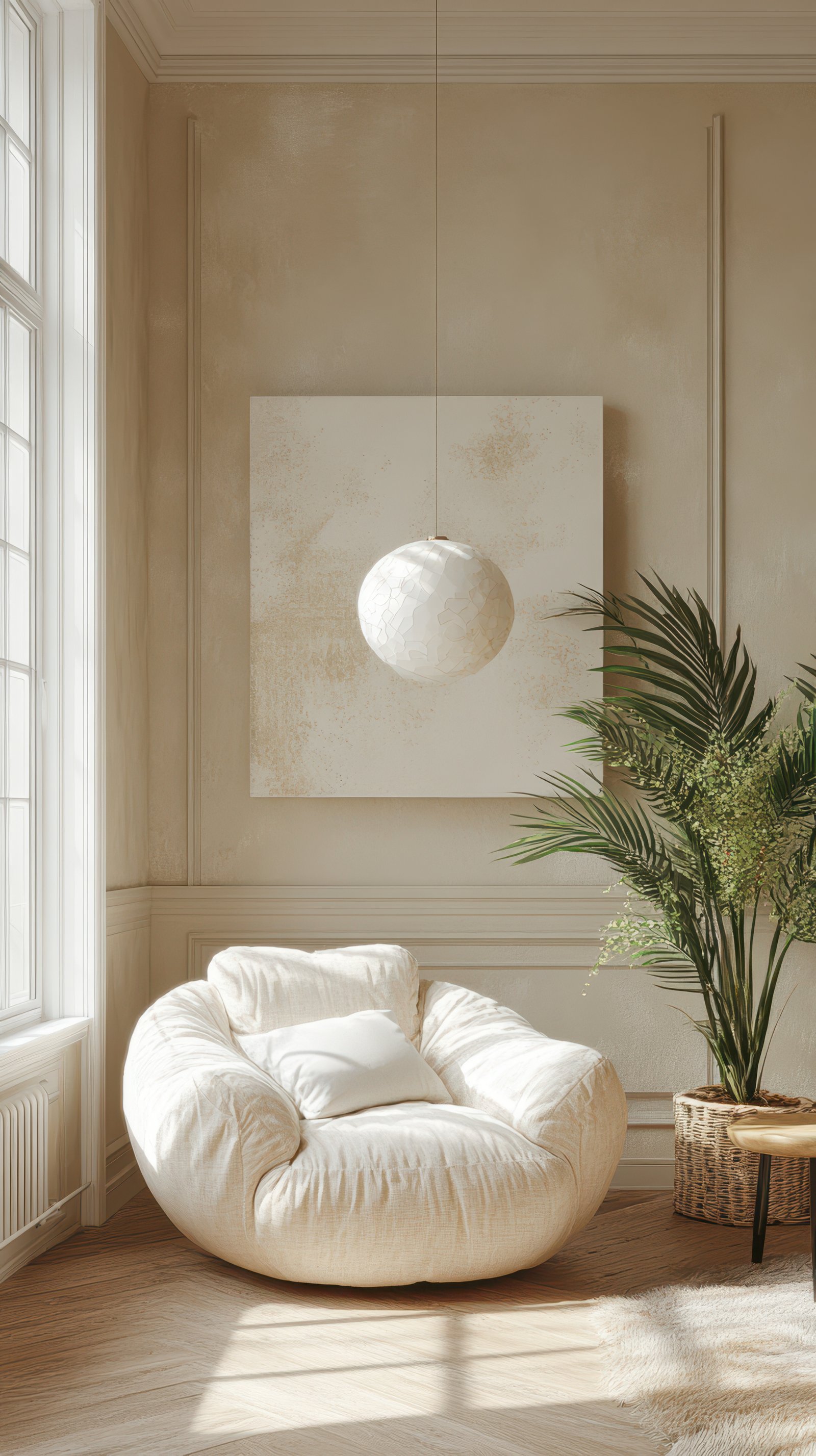 Cozy living room with a contemporary design featuring a large beanbag chair and modern decor elements